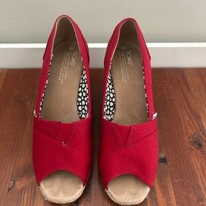 TOMS Red Canvas Espadrille Wedges